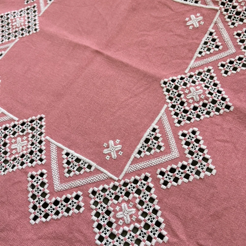 Vintage Pink White Hardanger Norwegian Embroidery 46” square cotton tablecloth